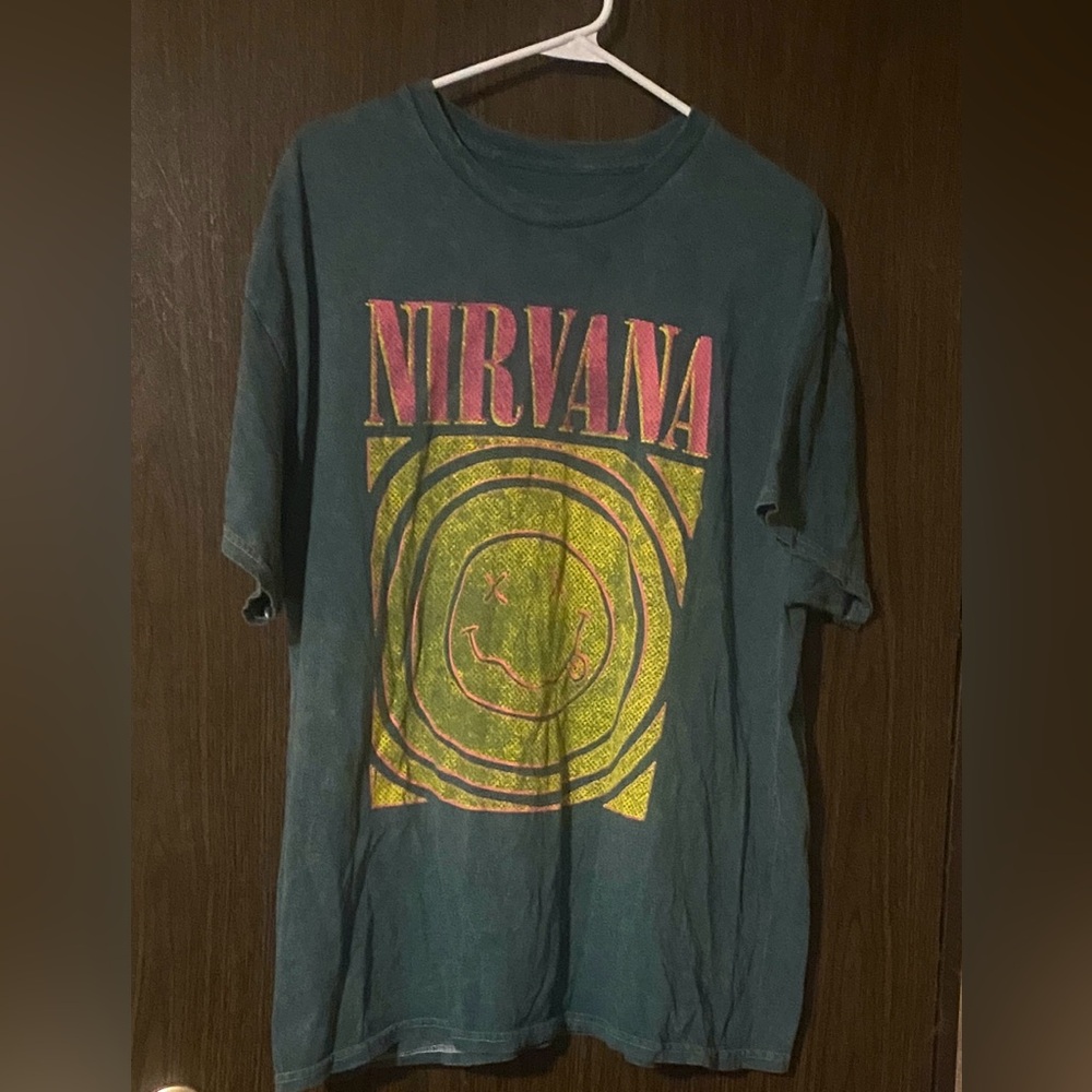 NIRVANA Teal Short Sleeve Tee with Yellow & Pink Graphic